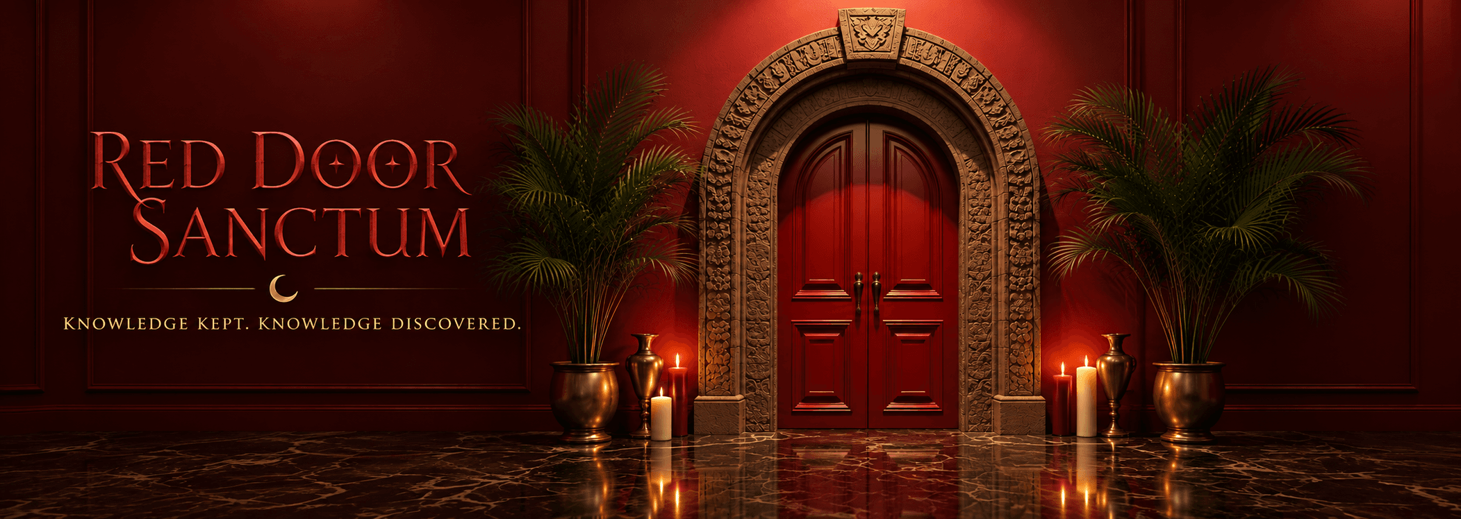 An illuminated red door opening into a mysterious library.